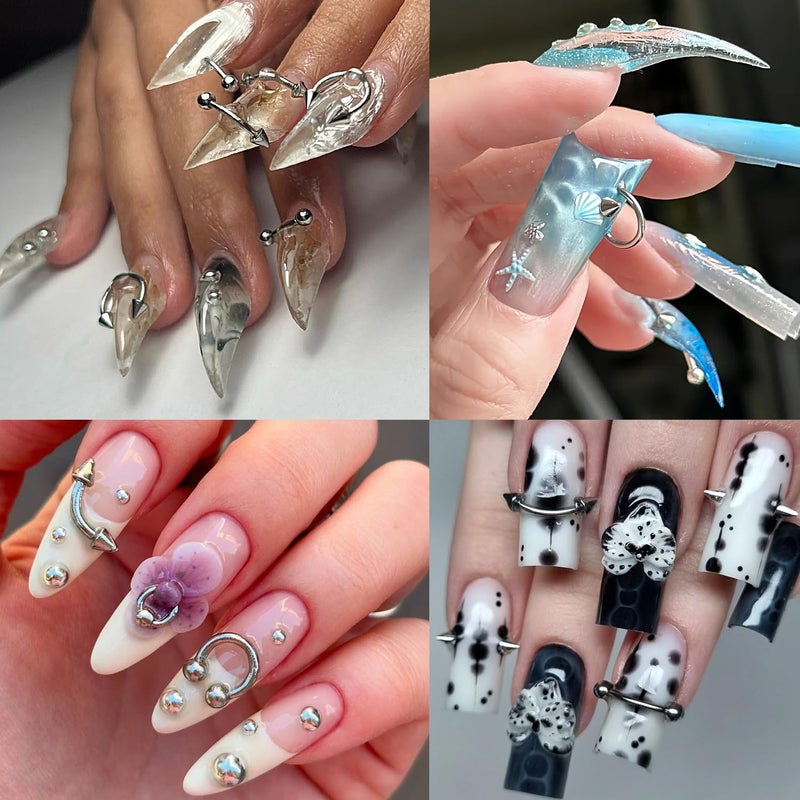 furtherpretty Gothic Nail Charms Set, 3D Black & Silver Piercing Nail Charms with Metal Rings, Triangle Spikes & Rivet Studs for Nails, Y2K Punk Goth Nail Art Decorations Accessories with Tweezers - Image 4